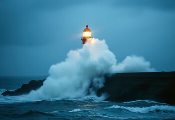 Huge waves crash against Penmon lighthouse during a storm, creating a dramatic spectacle of water and light at twilight.
