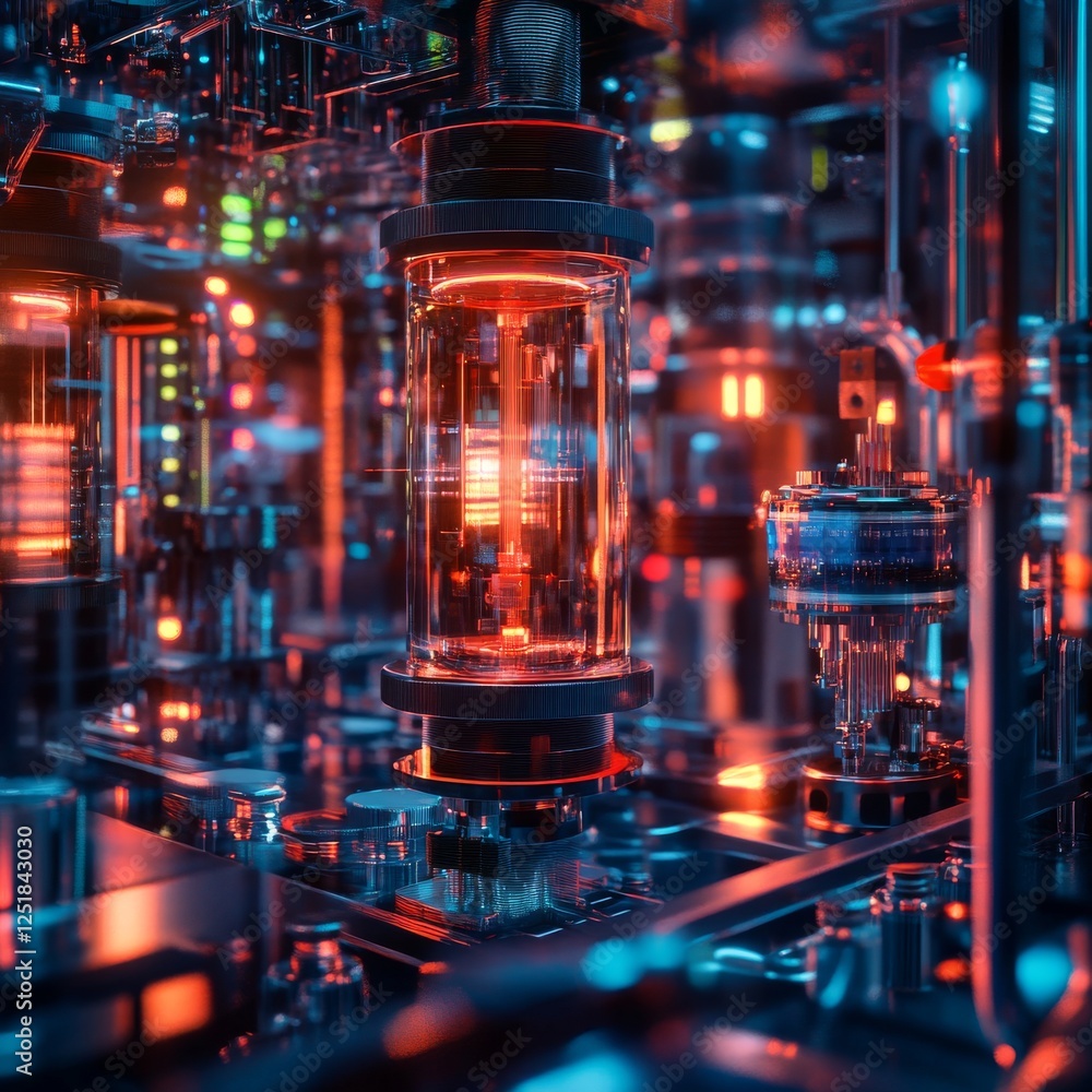 Poster futuristic quantum computing environment with glowing components and intricate details, showcasing a
