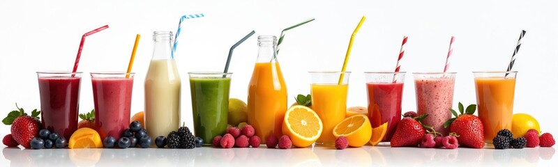 Collection of colorful fruit smoothies, juices on white. Drinks with assorted fresh berries, fruits. Concept for nutrition, healthy lifestyle diet, detox cleanse. Tasty vibrant mixed beverages.
