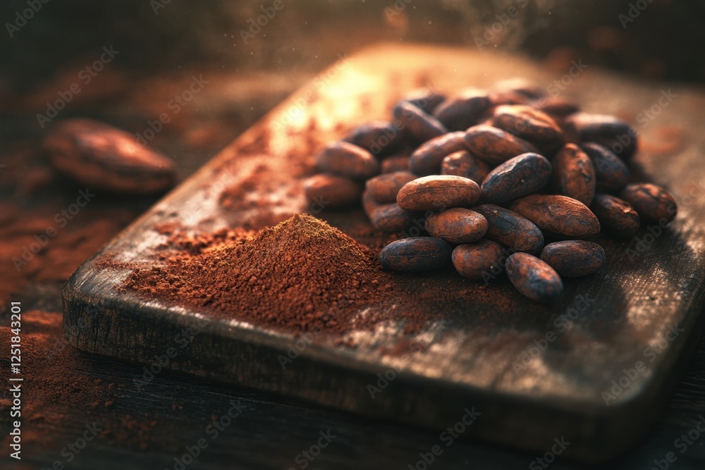 Poster rich cocoa beans and powder arranged on a wooden board for culinary preparation in a warm setting. g