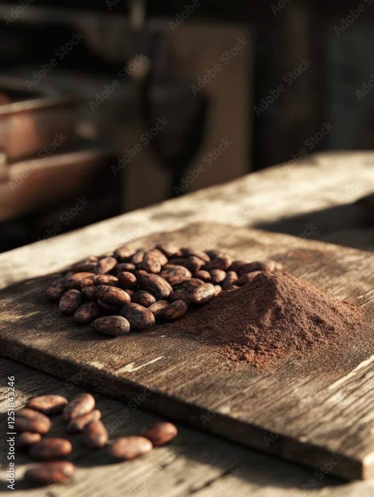 Poster cacao beans and powder arranged on a rustic wooden table in a natural light setting. generative ai