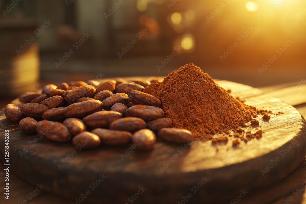 Poster sunset view of cacao beans and powdered cocoa on wooden surface with golden light illuminating the s