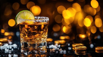 Tequila shot, lime, gold bokeh, party, celebration