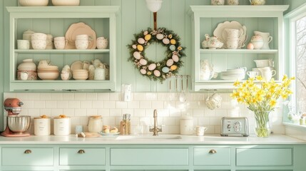 Charming Easter kitchen with pastel dishware and daffodils brightening the decor
