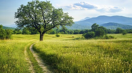 Exploring serene nature trails amidst vibrant green fields and majestic mountains tranquil landscape scenic viewpoint