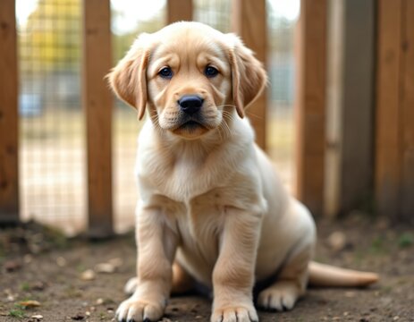 Golden Labrador Retriever puppy sits near wooden fence. The purebred dog looks calm and pretty, posing for portrait. Lovely pet with fur resting in nature, doggy friend. Small adorable young canine.