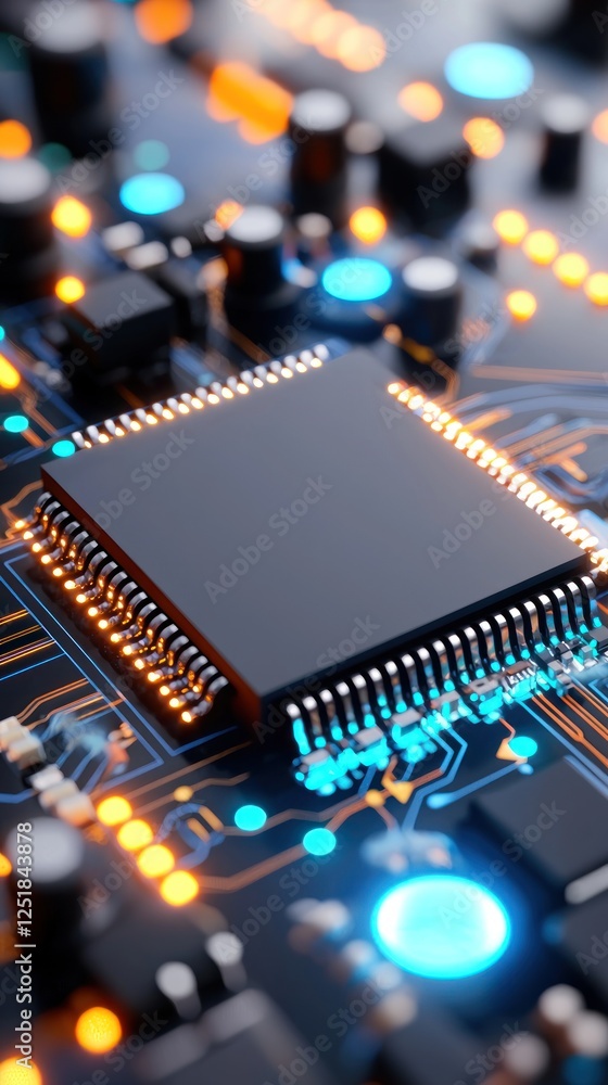 Poster close-up of a computer microprocessor on a circuit board with glowing lights.