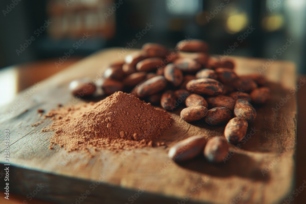Poster cocoa beans and powder displayed on wooden board in rustic kitchen setting during afternoon light. g