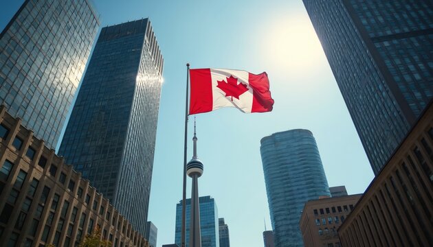 Canadian flag flies against tall buildings downtown. Canada Day. National red maple leaf symbol of patriotism, independence. Toronto city urban landscape with skyscrapers, business district