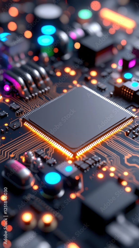 Poster close-up of a computer processor on a circuit board with glowing lights.