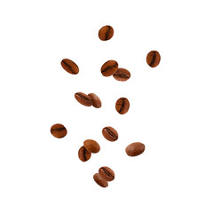 Coffee beans falling isolated on a transparent background. Stock photo