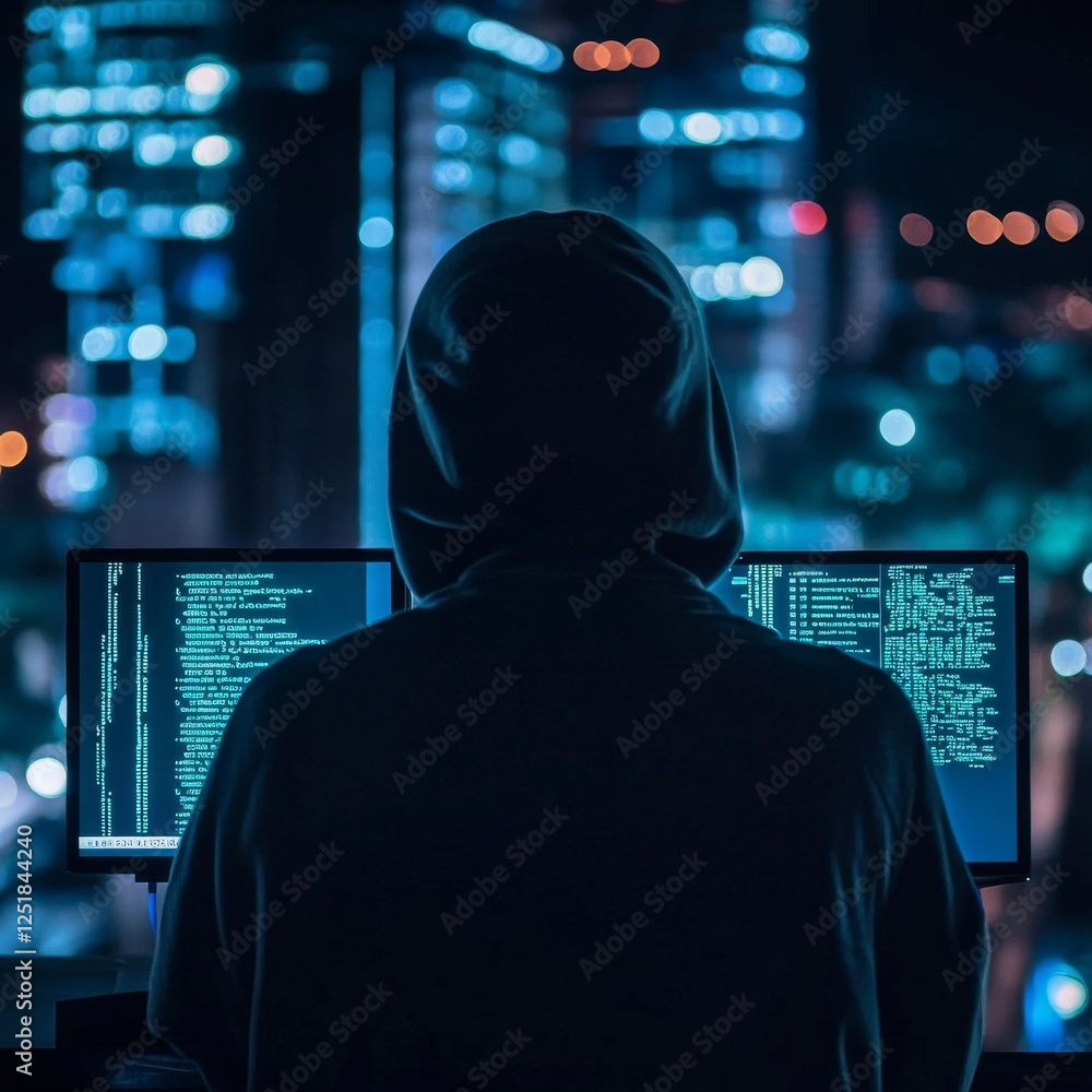 Poster person in hoodie works on dual monitors displaying code, with city skyline in background, creating t