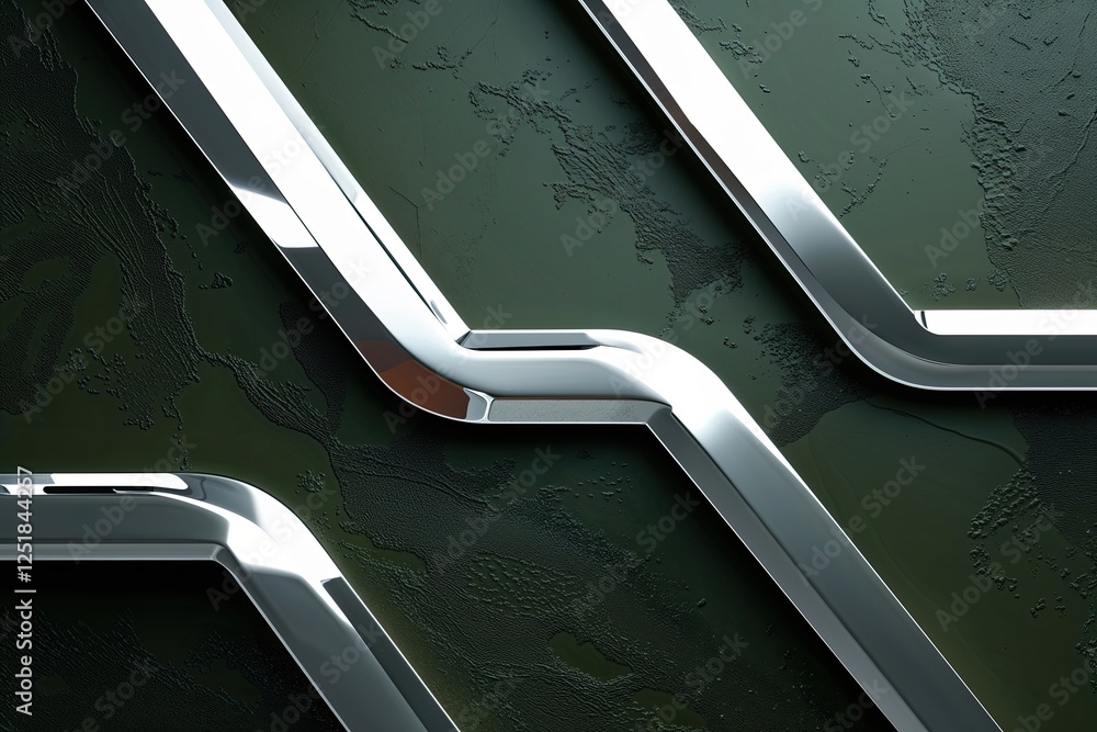 Poster high-tech silver angular design on dark textured army green background dynamic art presentation