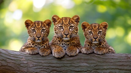 Naklejka premium Three leopard cubs on branch, forest bokeh, wildlife, nature