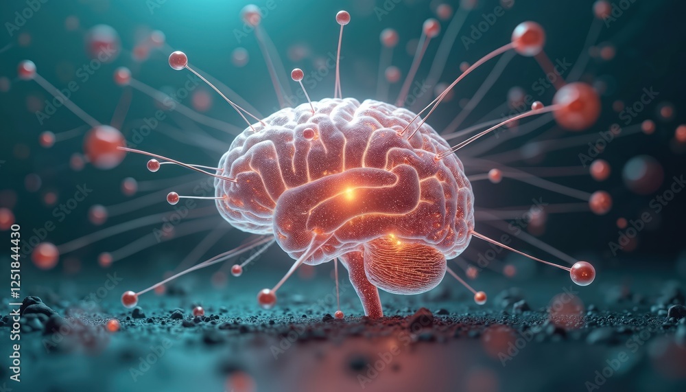 Poster illustration of brain surrounded by synapses, neurotransmitters, emphasizing communication. orange b