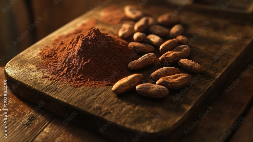 Poster cocoa powder and cacao beans arranged on a rustic wooden surface for culinary uses and chocolate mak