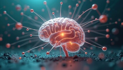 Illustration of brain surrounded by synapses, neurotransmitters, emphasizing communication. Orange brain, red atoms, particles, nodes on dark turquoise background. Complex neural network concept,