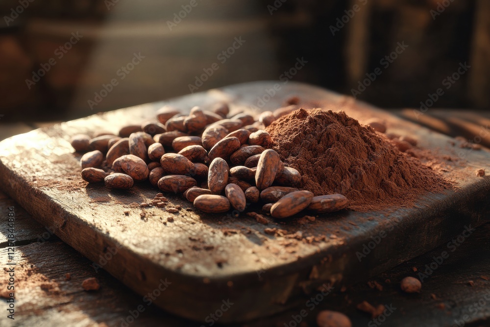 Aufkleber rich cocoa beans and powder displayed on wooden surface in warm light highlighting their texture and