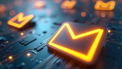Futuristic glowing email icons on dark abstract digital board. Neon network graphic, marketing and communication concept. Electronic inbox signal, circuit idea, computer and electronic mail.