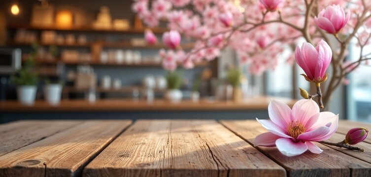 Wooden table shows magnolia flowers in soft sunlight. Pink blossoms create elegant spring vibe for product. Blurred interior creates background. Great for cafe store sale display backdrop.