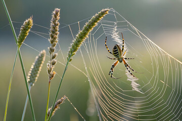 Ecological Balance, A spider weaves a delicate web amidst tall grass, showcasing nature's intricate beauty and the artistry of arachnids in a serene environment.