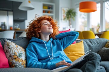 Obraz premium Curly Red Haired Teen in Blue Hoodie Daydreaming on Sofa in Stylish Living Room with Bright Accents