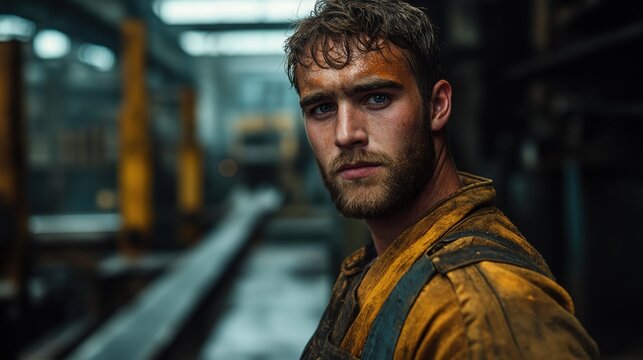 Focused foundry worker covered in dust, standing in industrial environment - Powered by Adobe