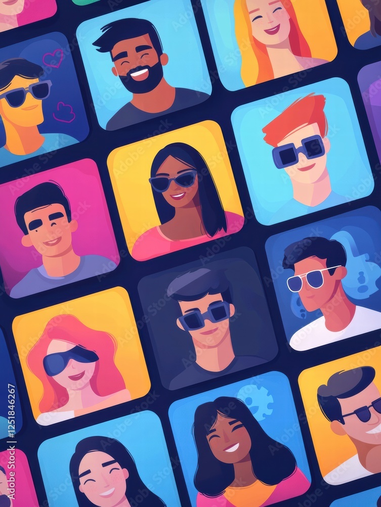 Aufkleber diverse group of animated characters wearing sunglasses, showcasing a vibrant collection of expressi