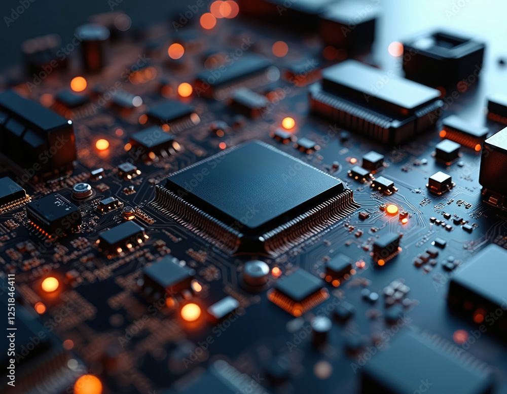 Poster Closeup highlights motherboard with intricate circuits. Tech enthusiasts, hardware cos, gaming industry, educational resources use image. solutions, cyber security, engineering benefit too.