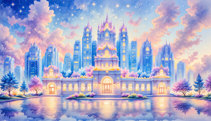 Fototapeta premium Enchanting fantasy castle amid pastel skyline, dreamlike escape
