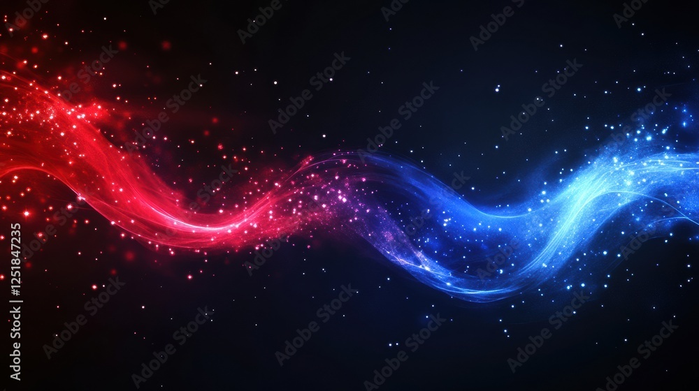 Poster abstract red and blue glowing waves crossing space with particles and stars