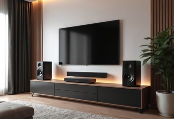 Modern home entertainment system featuring wall-mounted TV, audio system, wooden stand. Contemporary family room interior. Generative AI illustration genuine indoor setting, speakers, sound bar,