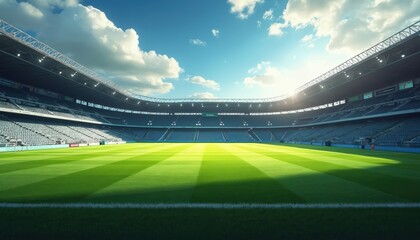 Wide angle view of soccer stadium lawn with blue sky, clouds. Empty grandstand. Nobody at football arena under sunlight. Grass is green, cut with stripes. International sport event concept.