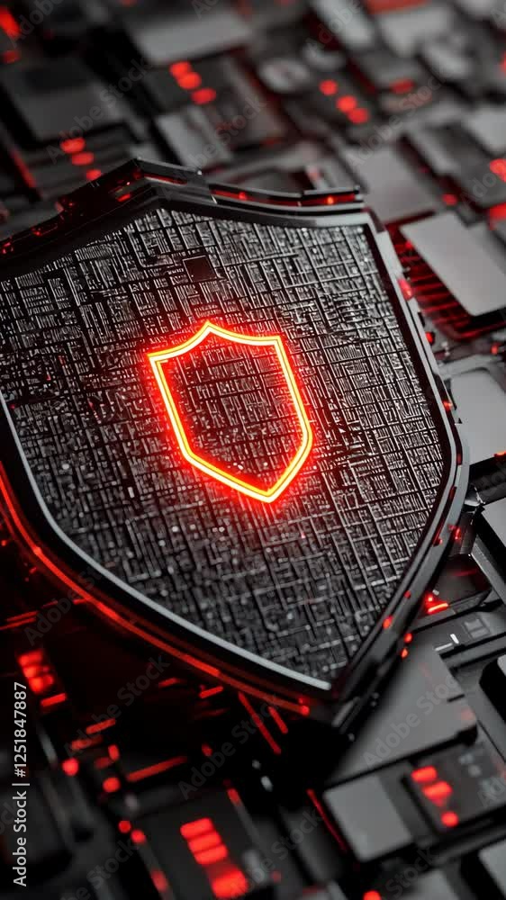 Poster digital shield emblem glowing on a black keyboard background symbolizing cybersecurity