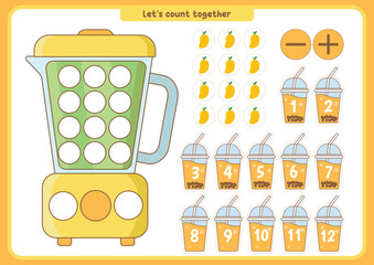 Kids Counting Game Worksheet with Mangoes and Juice  printable