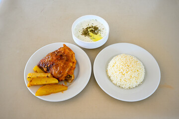 Traditional delicious Turkish food; Turkish style rice pilaf (Turkish name; Arpa sehriyeli. tavuk, kuru fasulyeli, pirinc pilavi). Cigerli, kavurmali, tereyagli nohut pilav.
