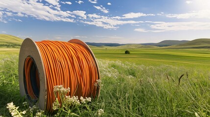 Large fiber optic cable roll on a green meadow, symbolizing high-speed rural internet expansion, digital infrastructure, and modern connectivity solutions, Generative AI