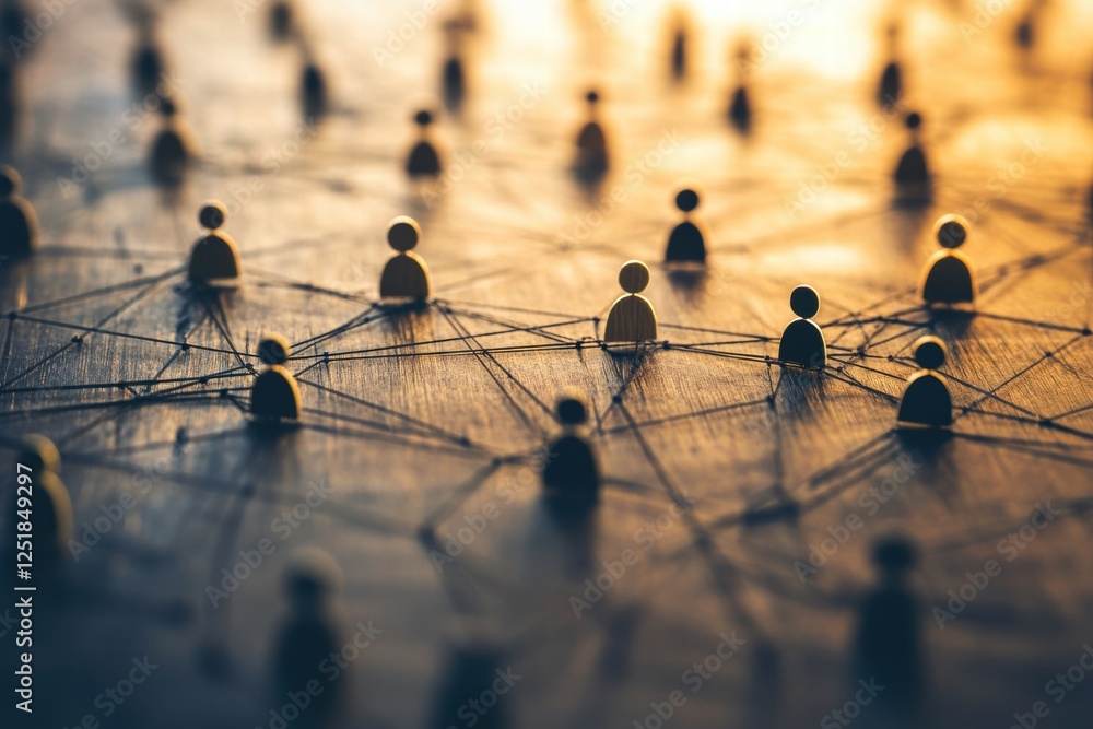 Poster people connected by lines representing social networks and interactions during sunset. generative ai