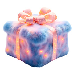 Fluffy 3D Cartoon Gift Box with Glowing Ribbons Isolated on Transparent Background