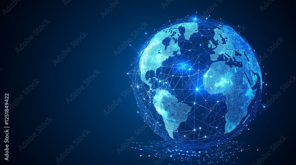 Fototapete Glowing blue digital Earth with interconnected data points, representing AI-driven connectivity, blockchain technology, and futuristic global networking, Generative AI