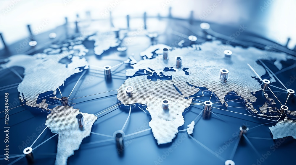 Poster global business network visualization with modern world map, highlighting digital connectivity, corp