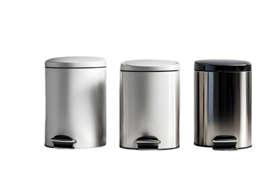 A sleek stainless steel bathroom bin with a pedal mechanism on a empty plain background