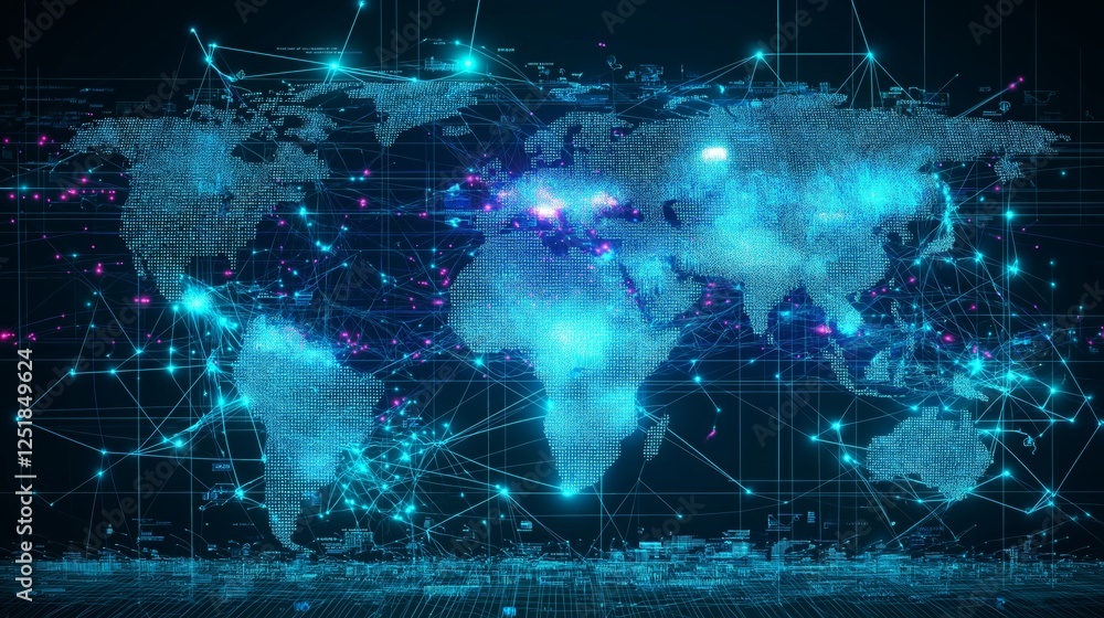 Poster futuristic digital network of earth with glowing blue data connections, representing ai-driven globa