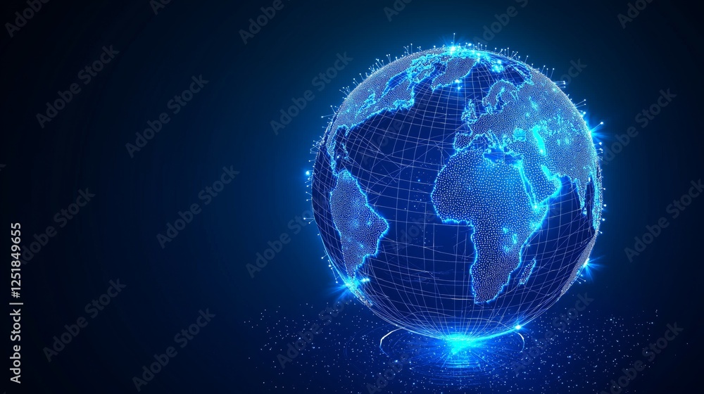 Poster Glowing blue digital Earth with interconnected data points, representing AI-driven connectivity, blockchain technology, and futuristic global networking, Generative AI