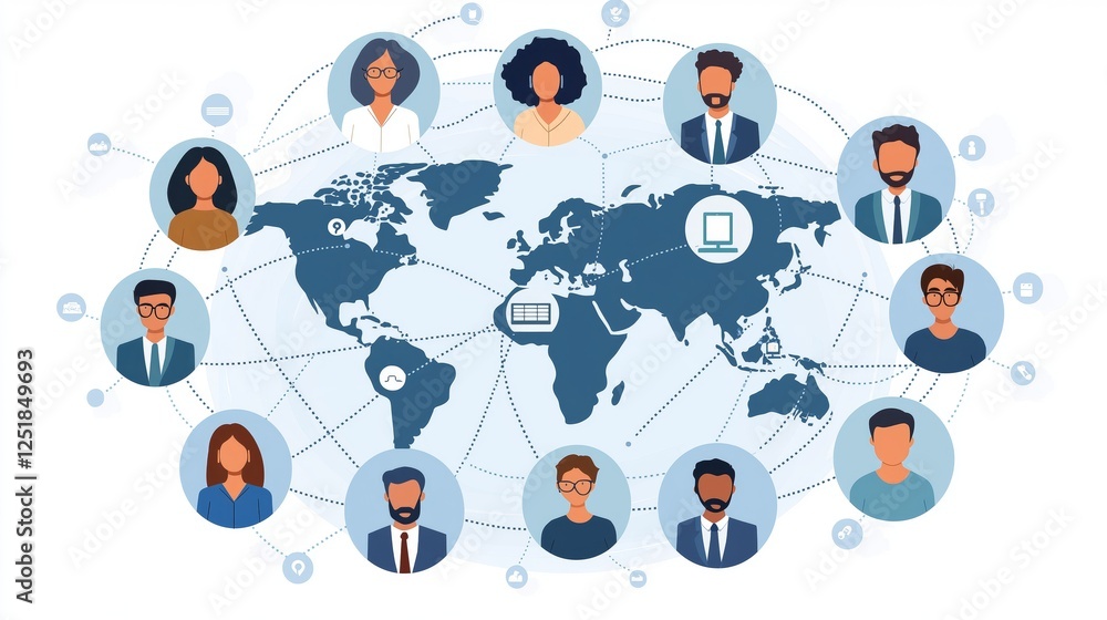 Poster Futuristic social network visualization with glowing connection icons, symbolizing global communication, digital networking, and online social media interaction, Generative AI
