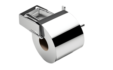 A stylish chrome-plated toilet paper holder with a minimalist design on a empty plain background