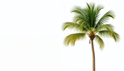 Young single green palm tree on white background. Tropical plant with coconuts. Summer vacation mood. Exotic island flora, environment nature for travel ads, climate change, eco campaigns.