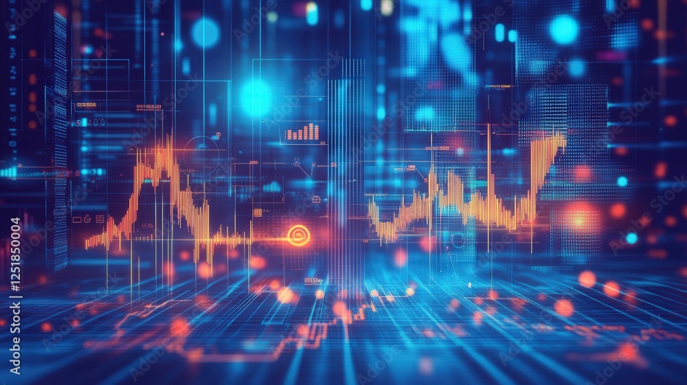 Poster abstract glowing lines and bars represent positive financial data, showcasing growth and progress in