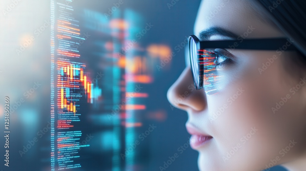 Poster a woman in glasses examining digital interfaces with data overlaying her face banner. ux coding, big