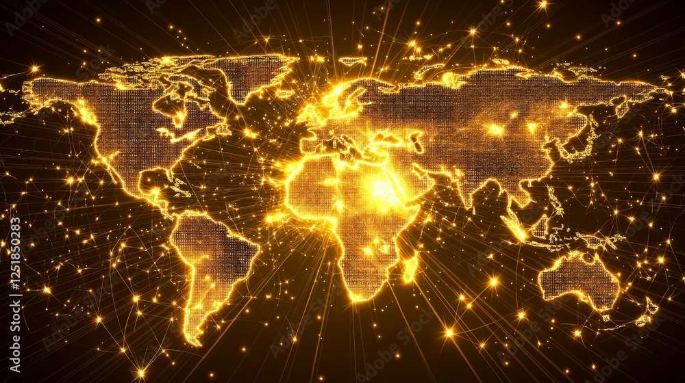 Poster Golden world map with glowing digital network connections, symbolizing global data exchange, technology innovation, and modern AI-driven information systems, Generative AI